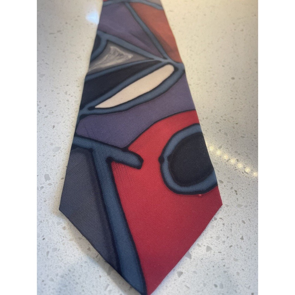 ROBERT DASKAL ~ HAND PAINTED ART‎ TIE ~100% Silk BLUE PURPLE RED 58 Inches